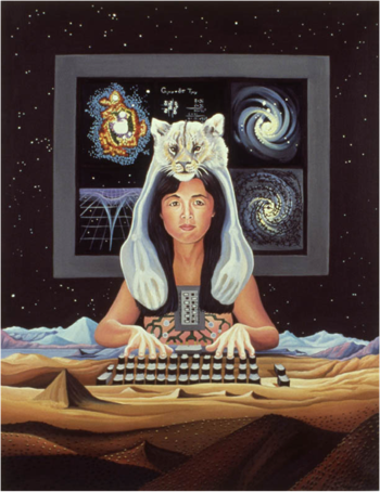 Illustration of an out-sized human/cybernetic figure typing on a keyboard against an ancient desert landscape under a galactic sky.