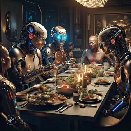 Author-generated using IG AI, Fall 2024. An illustration of eight cyborgs sitting down to a human-style dinner party. One looks directly at the viewer with menacingly glowing blue-light eyes.